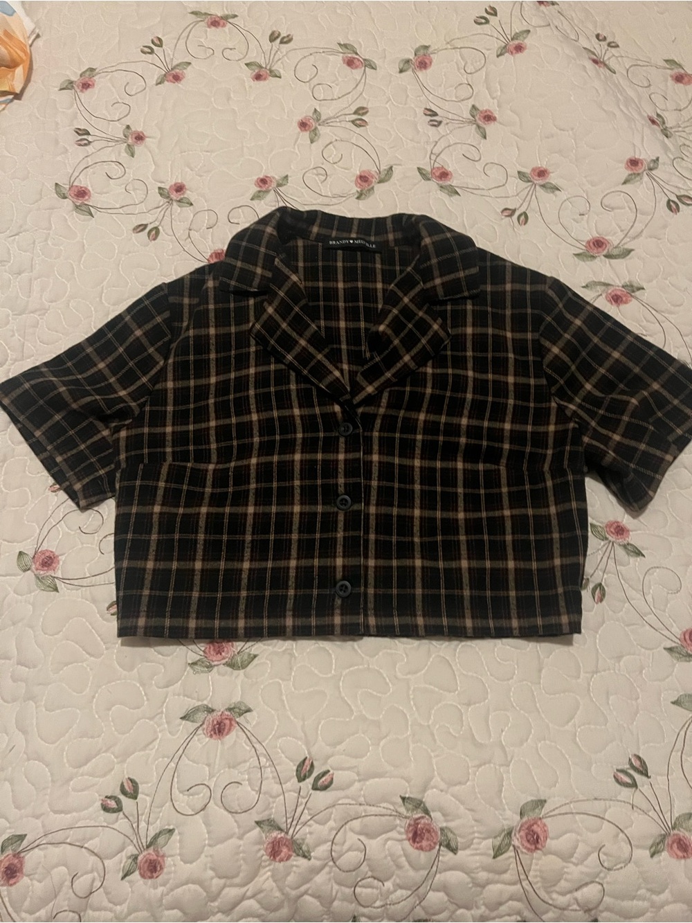 Plaid Cropped Button-Up Top in Black and Tan